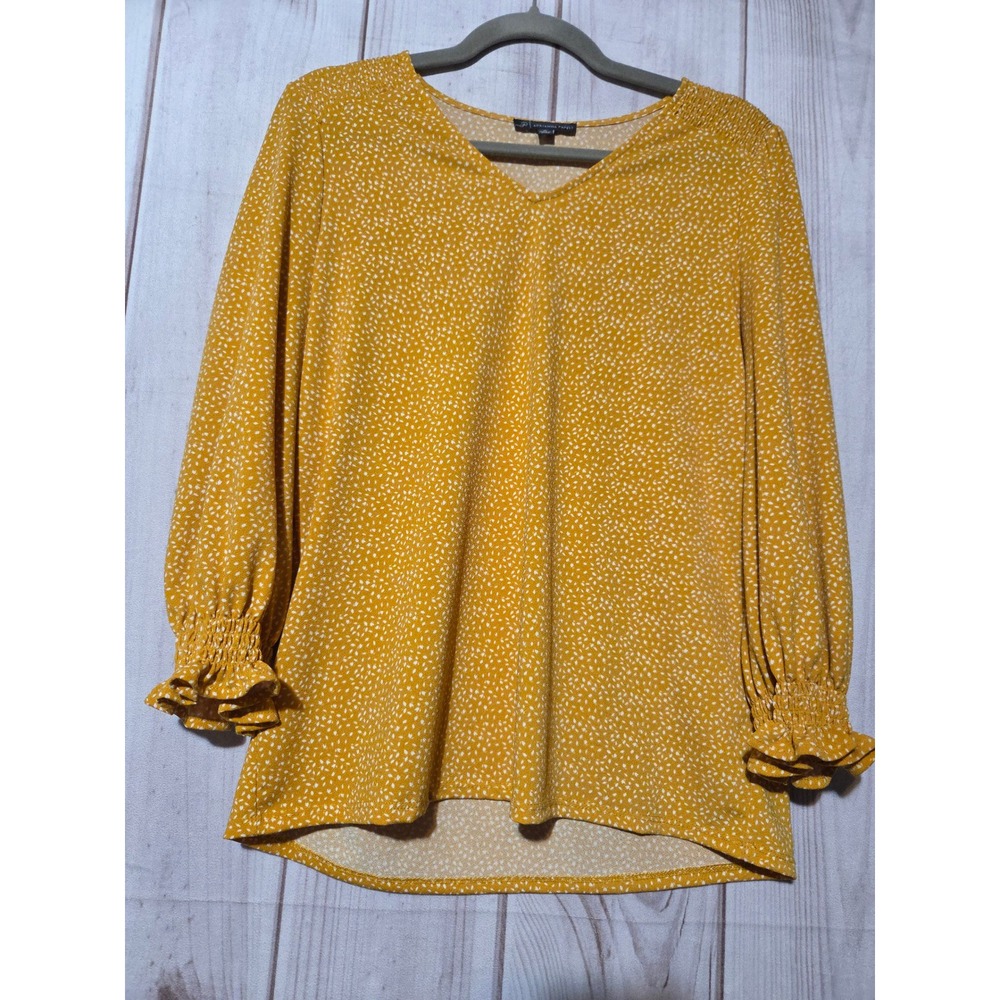 Adrianna Papell Womens Yellow Micro Print‎ V-Neck Smocked Cuff Blouse M Preppy